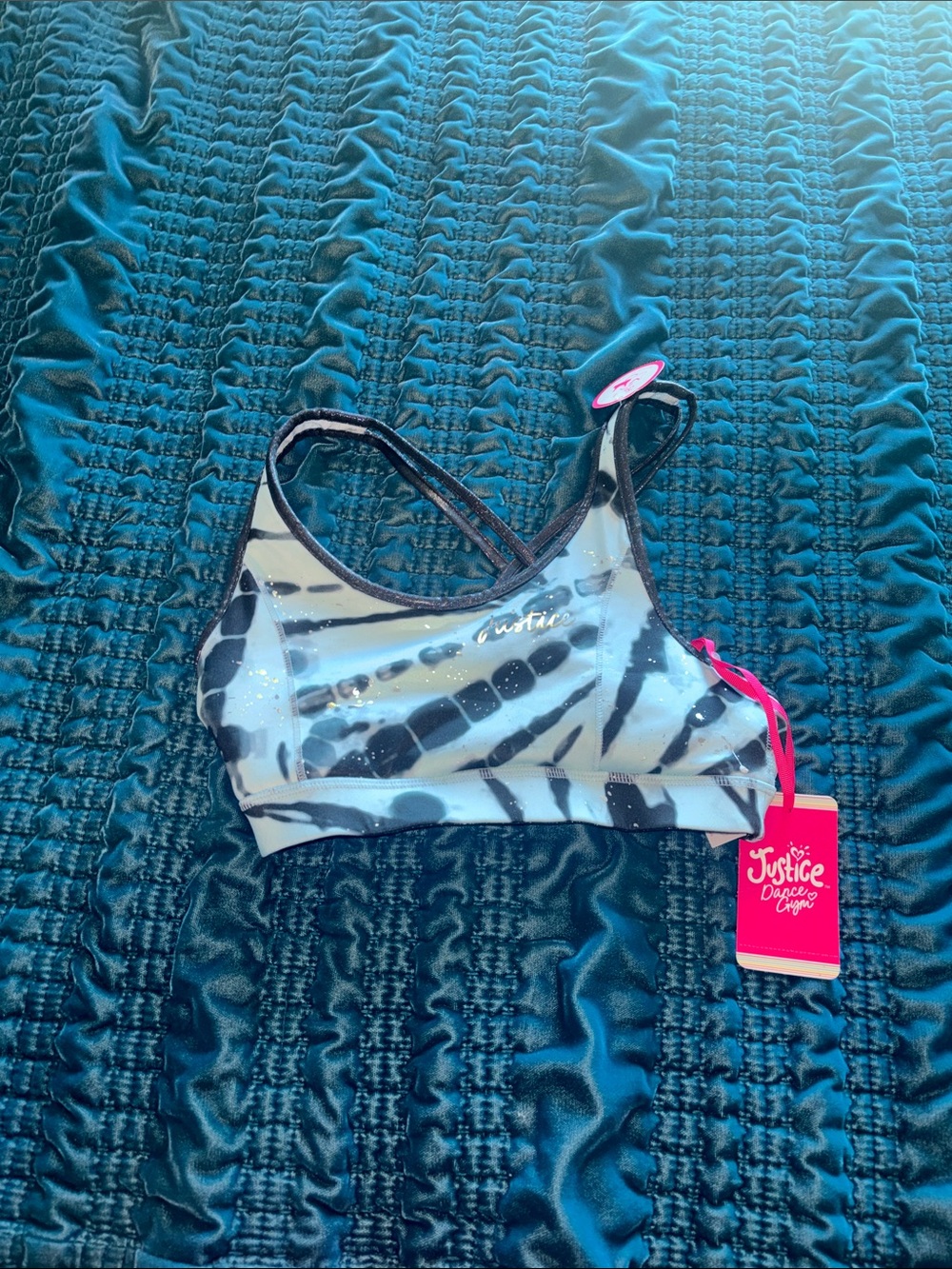 Justice Girls' Zebra Print Sports Bra - Black & White with Pink Tag